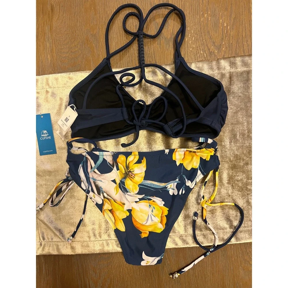 Cupshe Navy Blue Floral Braided Halter Bikini Set Small